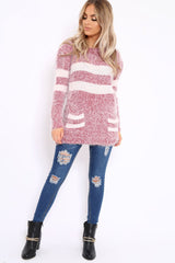 Red Fur Knit Wide Stripe Jumper Dress - Keeley