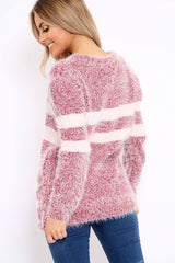 Red Fur Knit Wide Stripe Jumper Dress - Keeley