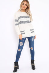 Cream Fur Knit Wide Stripe Jumper Dress - Keeley