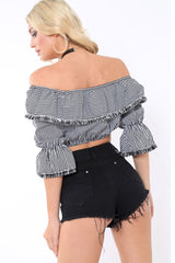 Black Stripe Bardot Crop Top with Frayed hems - Kiera