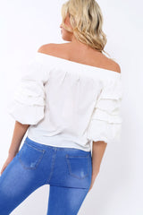 White Bardot Ruched Sleeve Top -  Kiera