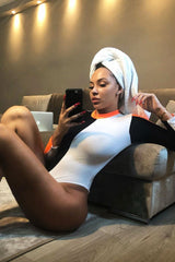 White Black and Neon Orange Contrast Long Sleeved Bodysuit - Lareen