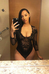 Black Sheer Lace Cup Long Sleeve Bodysuit - Izela