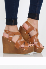Tan Wedge Cut Out Sandals - Kelis