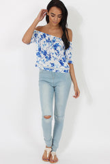 Blue & White Floral Print Bardot Top - Kelly