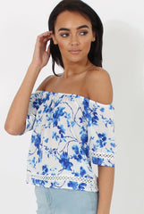 Blue & White Floral Print Bardot Top - Kelly