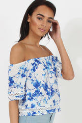 Blue & White Floral Print Bardot Top - Kelly