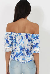 Blue & White Floral Print Bardot Top - Kelly