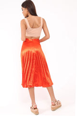 Orange Satin Pleated Midi Skirt - Kelyn