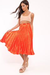 Orange Satin Pleated Midi Skirt - Kelyn