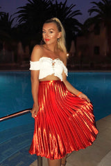 Orange Satin Pleated Midi Skirt - Kelyn