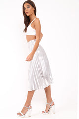 Silver Satin Pleated Midi Skirt - Kelyn