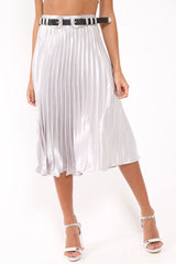 Silver Satin Pleated Midi Skirt - Kelyn