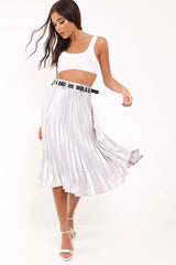 Silver Satin Pleated Midi Skirt - Kelyn