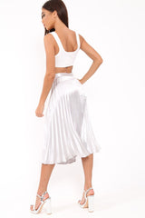 Silver Satin Pleated Midi Skirt - Kelyn