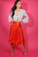 Orange Satin Pleated Midi Skirt - Kelyn