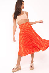 Orange Satin Pleated Midi Skirt - Kelyn