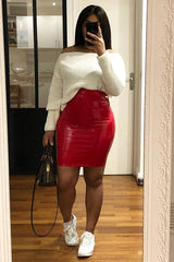 Red Vinyl Bodycon Midi Skirt - Kemani