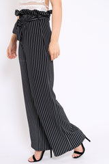 Black Striped Paper Bag Tie Waist Wide Leg Trousers - Kennedy