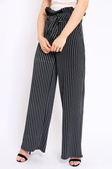 Black Striped Paper Bag Tie Waist Wide Leg Trousers - Kennedy