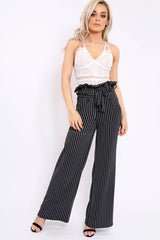 Black Striped Paper Bag Tie Waist Wide Leg Trousers - Kennedy