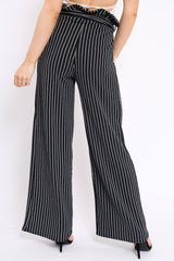Black Striped Paper Bag Tie Waist Wide Leg Trousers - Kennedy