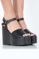 Black PU Open Toe Wedges - Kendi