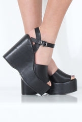 Black PU Open Toe Wedges - Kendi