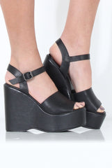 Black PU Open Toe Wedges - Kendi