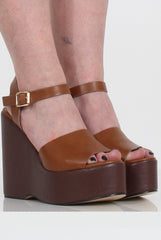 Tan PU Open Toe Wedges - Kendi
