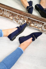 Navy Faux Suede Studded Loafers - Kenia