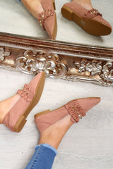 Pink Faux Suede Studded Loafers - Kenia