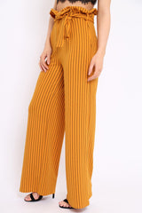 Mustard Striped Paper Bag Tie Waist Wide Leg Trousers - Kennedy