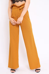 Mustard Striped Paper Bag Tie Waist Wide Leg Trousers - Kennedy