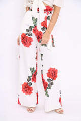 White Floral Paper Bag Tie Waist Wide Leg Trousers - Kennedy