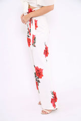 White Floral Paper Bag Tie Waist Wide Leg Trousers - Kennedy