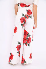 White Floral Paper Bag Tie Waist Wide Leg Trousers - Kennedy