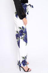 White and Blue Floral Paper Bag Tie Waist Wide Leg Trousers - Kennedy