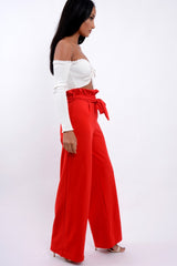 Red Paper Bag Tie Waist Wide Leg Trousers - Kennedy