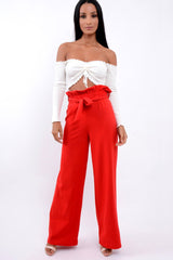 Red Paper Bag Tie Waist Wide Leg Trousers - Kennedy