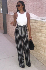 Black and White Stripe Paper Bag Tie Waist Wide Leg Trousers - Kennedy