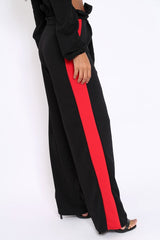 Black Paper Bag Tie Waist Wide Leg Trousers With Red Stripe - Kennedy