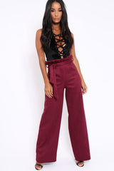 Wine Suedette Paper Bag Tie Waist Wide Leg Trousers - Kennedy