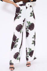 White and Black Floral Paper Bag Tie Waist Wide Leg Trousers - Kennedy