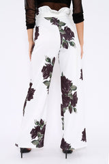 White and Black Floral Paper Bag Tie Waist Wide Leg Trousers - Kennedy