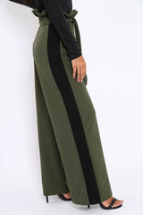 Khaki Paper Bag Tie Waist Wide Leg Trousers With Black Stripe - Kennedy
