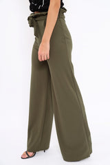 Khaki Paper Bag Tie Waist Wide Leg Trousers - Kennedy