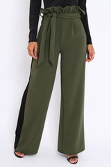Khaki Paper Bag Tie Waist Wide Leg Trousers With Black Stripe - Kennedy