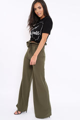 Khaki Paper Bag Tie Waist Wide Leg Trousers - Kennedy