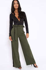 Khaki Paper Bag Tie Waist Wide Leg Trousers With Black Stripe - Kennedy